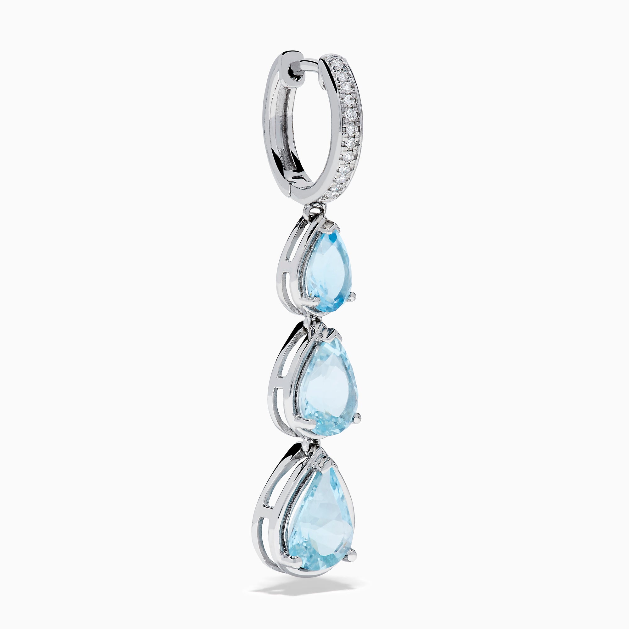 The 14K White Gold Aquamarine and Diamond Pear Shaped Linear Drop Earrings feature three vertically arranged pear-shaped aquamarines and diamond accents for extra sparkle.