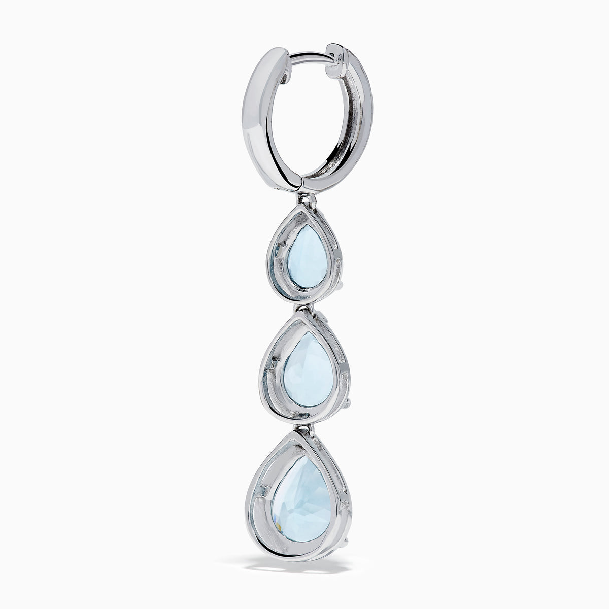The 14K White Gold Aquamarine and Diamond Pear Shaped Linear Drop Earrings feature three vertically arranged pear-shaped aquamarines and diamond accents for extra sparkle.