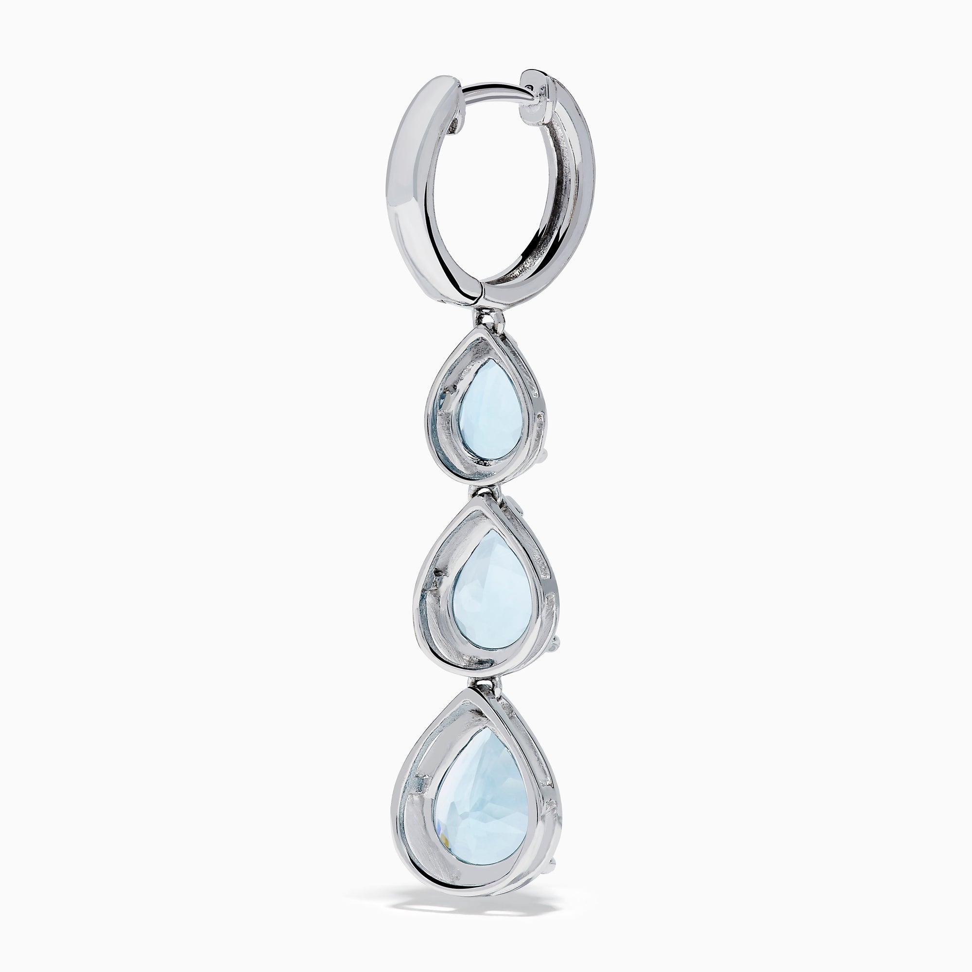The 14K White Gold Aquamarine and Diamond Pear Shaped Linear Drop Earrings feature three vertically arranged pear-shaped aquamarines and diamond accents for extra sparkle.