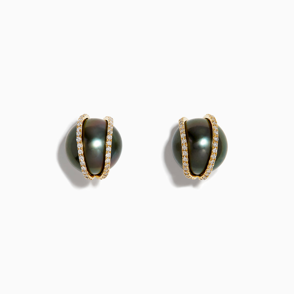 14K Yellow Gold Black Tahitian Pearl and Diamond Earrings: each stud features a black Tahitian pearl accented by a curved 14K yellow gold and diamond band, displayed on a white background.