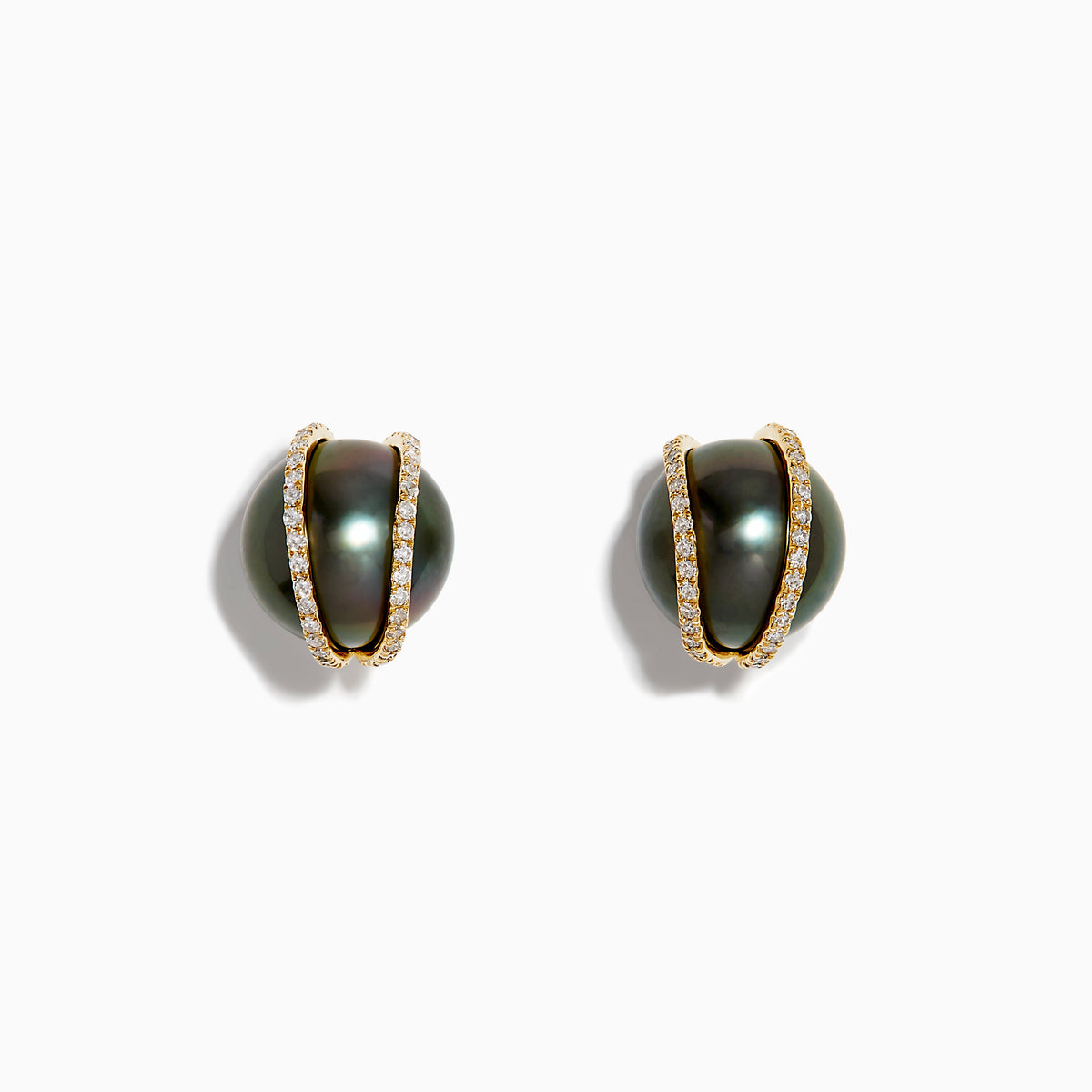 14K Yellow Gold Black Tahitian Pearl and Diamond Earrings: each stud features a black Tahitian pearl accented by a curved 14K yellow gold and diamond band, displayed on a white background.