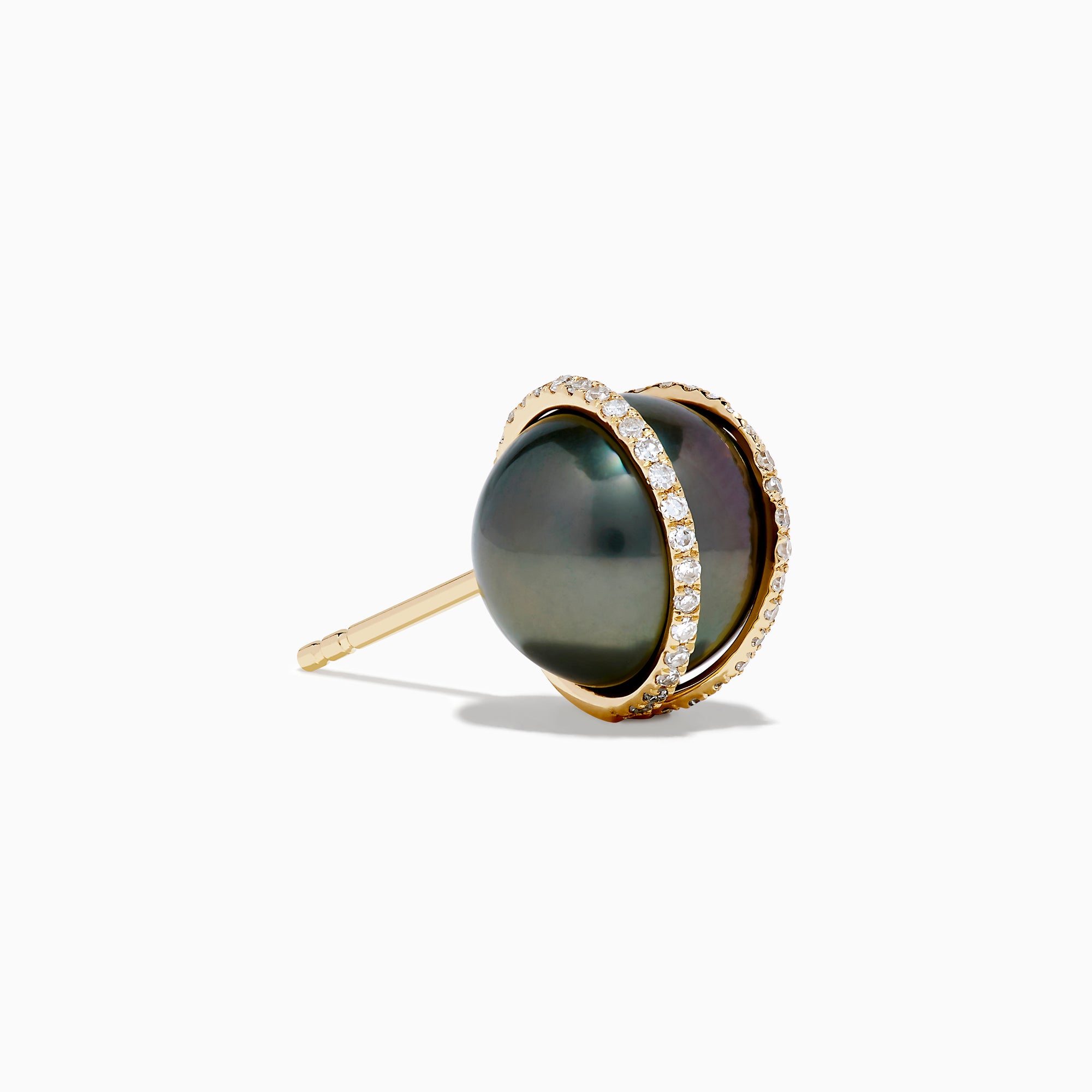 14K Yellow Gold Black Tahitian Pearl and Diamond Earrings: each stud features a black Tahitian pearl accented by a curved 14K yellow gold and diamond band, displayed on a white background.