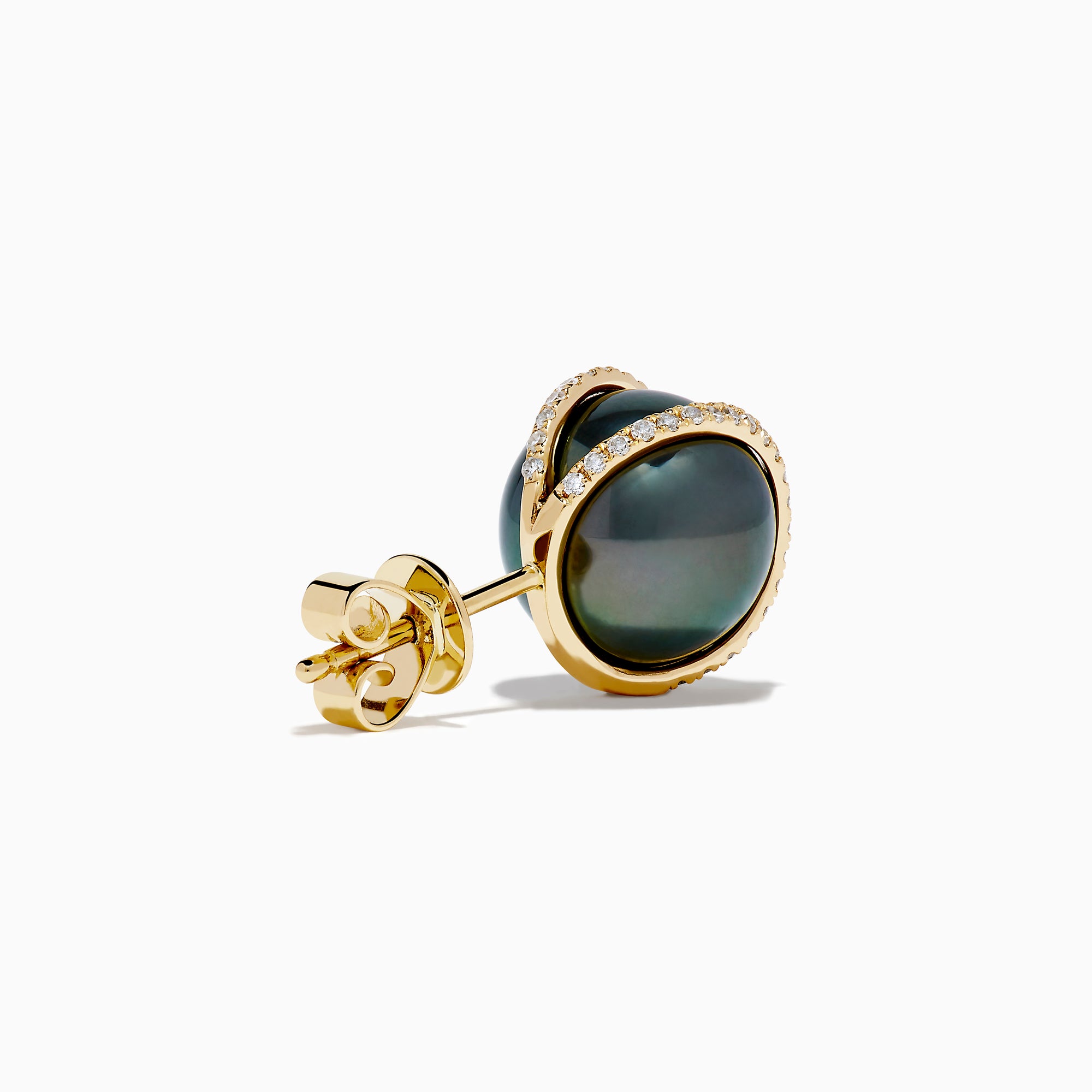 14K Yellow Gold Black Tahitian Pearl and Diamond Earrings: each stud features a black Tahitian pearl accented by a curved 14K yellow gold and diamond band, displayed on a white background.