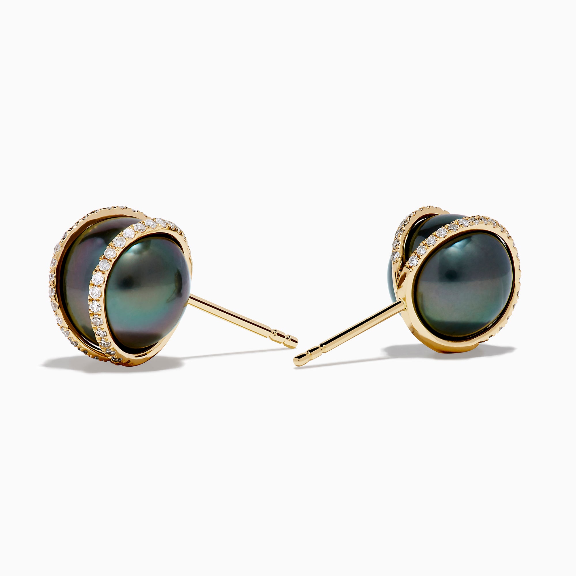 14K Yellow Gold Black Tahitian Pearl and Diamond Earrings: each stud features a black Tahitian pearl accented by a curved 14K yellow gold and diamond band, displayed on a white background.