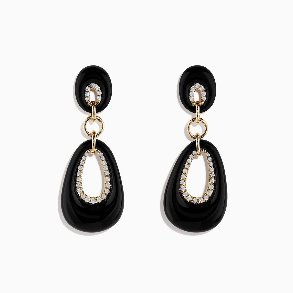 The Eclipse 14K Yellow Gold Onyx and Diamond Drop Earrings feature elegant black oval onyx, diamond accents around oval cutouts, and gold details, all beautifully displayed on a white background.