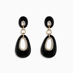 The Eclipse 14K Yellow Gold Onyx and Diamond Drop Earrings feature elegant black oval onyx, diamond accents around oval cutouts, and gold details, all beautifully displayed on a white background.