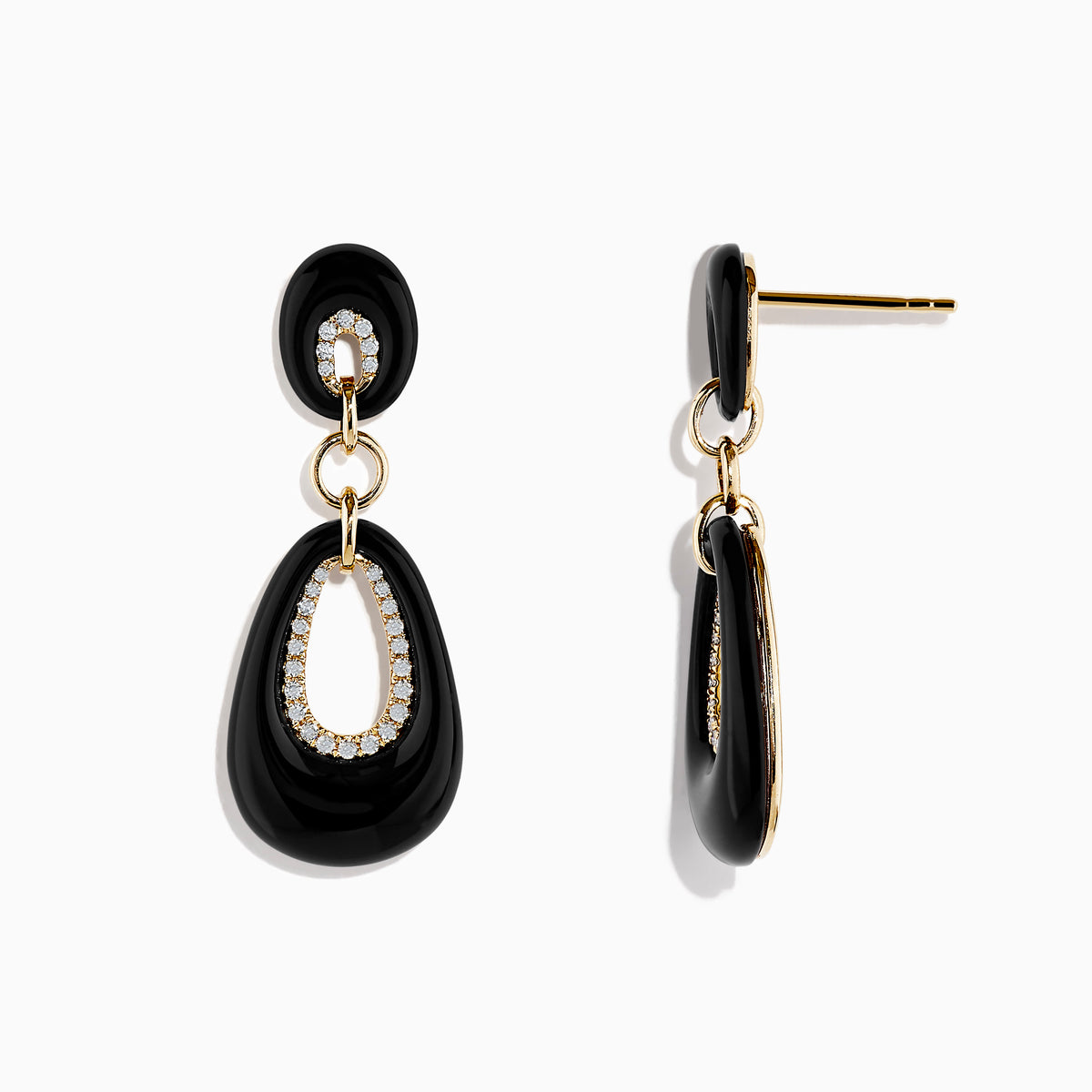 The Eclipse 14K Yellow Gold Onyx and Diamond Drop Earrings feature elegant black oval onyx, diamond accents around oval cutouts, and gold details, all beautifully displayed on a white background.