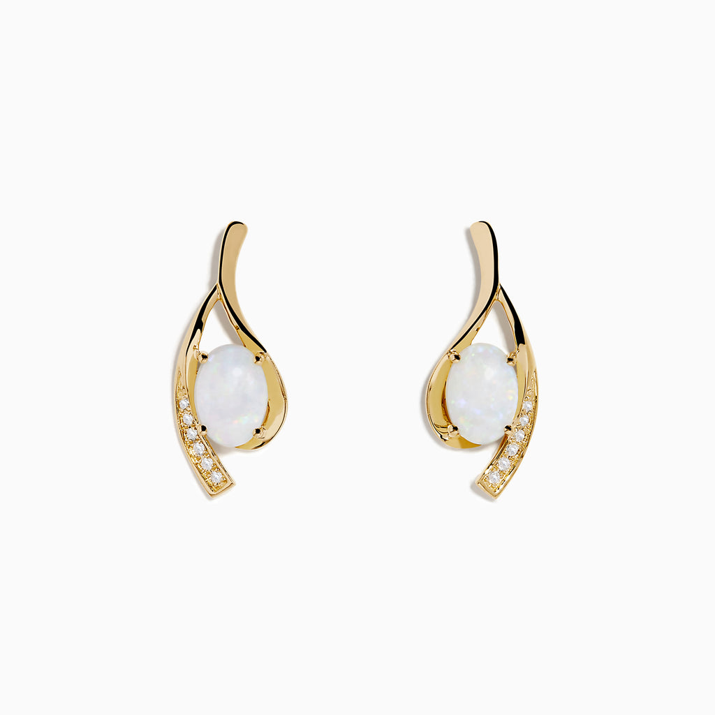 Aurora 14K Yellow Gold Opal and Diamond Earrings feature an oval opal center and a curved gold design accented with diamonds, shown on a white background.