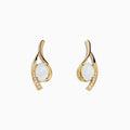 Aurora 14K Yellow Gold Opal and Diamond Earrings feature an oval opal center and a curved gold design accented with diamonds, shown on a white background.