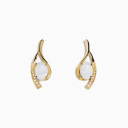 Aurora 14K Yellow Gold Opal and Diamond Earrings feature an oval opal center and a curved gold design accented with diamonds, shown on a white background.