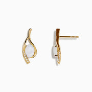Aurora 14K Yellow Gold Opal and Diamond Earrings feature an oval opal center and a curved gold design accented with diamonds, shown on a white background.