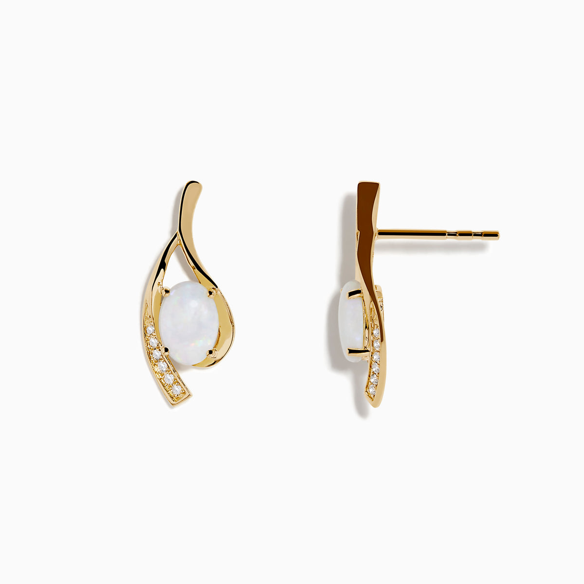 Aurora 14K Yellow Gold Opal and Diamond Earrings feature an oval opal center and a curved gold design accented with diamonds, shown on a white background.