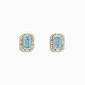 Aquarius 14K Yellow Gold Aquamarine and Diamond Earrings, each with a rectangular emerald-cut aquamarine framed by small round diamonds, shown on a plain white background.