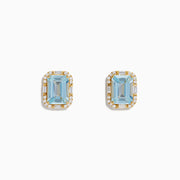 Aquarius 14K Yellow Gold Aquamarine and Diamond Earrings, each with a rectangular emerald-cut aquamarine framed by small round diamonds, shown on a plain white background.