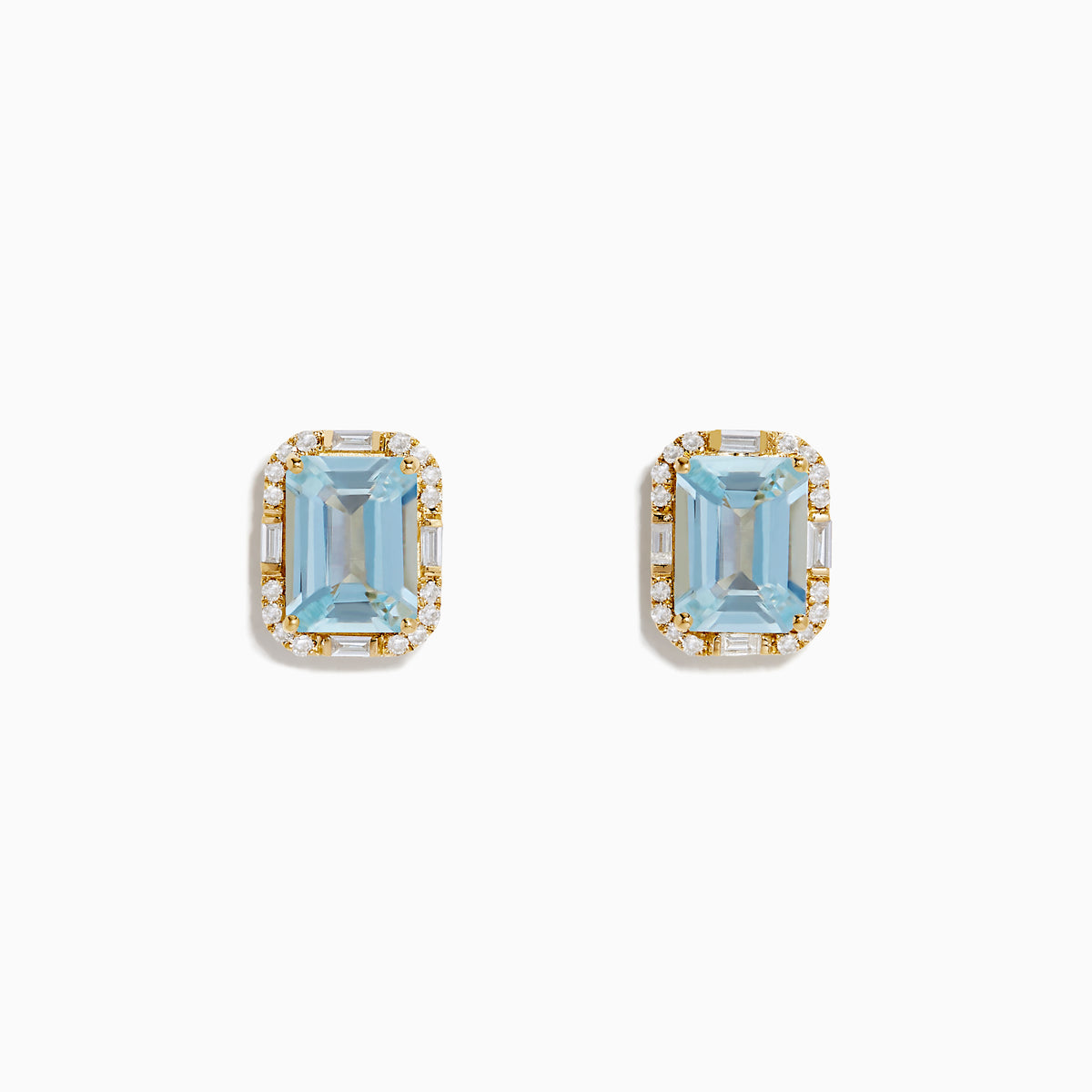 Aquarius 14K Yellow Gold Aquamarine and Diamond Earrings, each with a rectangular emerald-cut aquamarine framed by small round diamonds, shown on a plain white background.