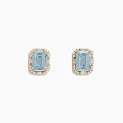 Aquarius 14K Yellow Gold Aquamarine and Diamond Earrings, each with a rectangular emerald-cut aquamarine framed by small round diamonds, shown on a plain white background.