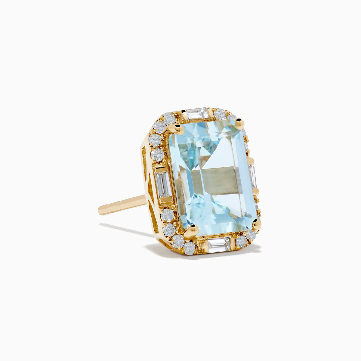 Aquarius 14K Yellow Gold Aquamarine and Diamond Earrings, each with a rectangular emerald-cut aquamarine framed by small round diamonds, shown on a plain white background.