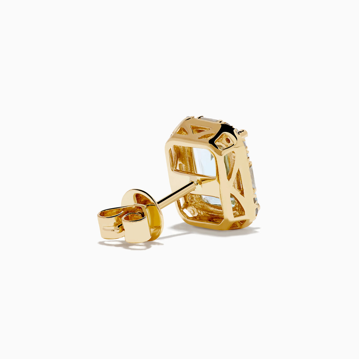 Aquarius 14K Yellow Gold Aquamarine and Diamond Earrings, each with a rectangular emerald-cut aquamarine framed by small round diamonds, shown on a plain white background.