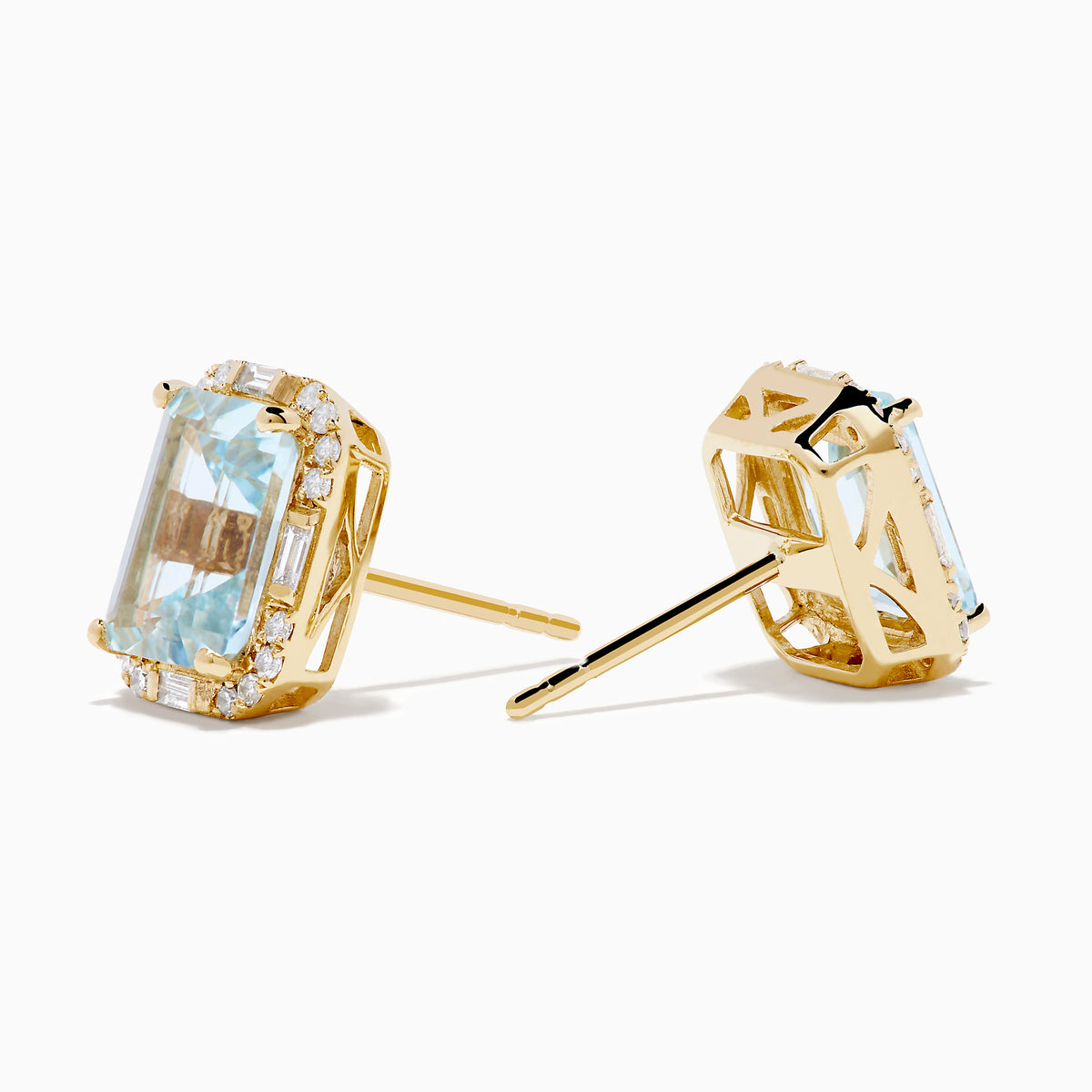 Aquarius 14K Yellow Gold Aquamarine and Diamond Earrings, each with a rectangular emerald-cut aquamarine framed by small round diamonds, shown on a plain white background.