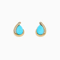 The 14K Yellow Gold Turquoise and Diamond Earrings feature teardrop turquoise stones accented by a curved line of sparkling diamonds, set against a white background.