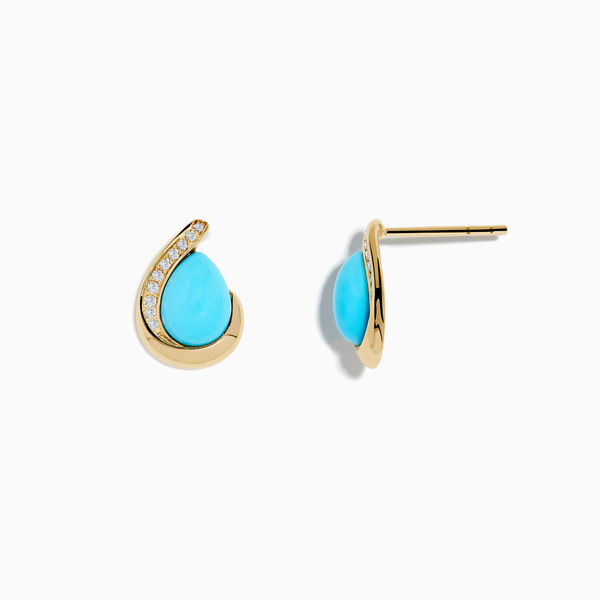 The 14K Yellow Gold Turquoise and Diamond Earrings feature teardrop turquoise stones accented by a curved line of sparkling diamonds, set against a white background.