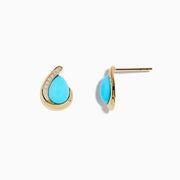 The 14K Yellow Gold Turquoise and Diamond Earrings feature teardrop turquoise stones accented by a curved line of sparkling diamonds, set against a white background.