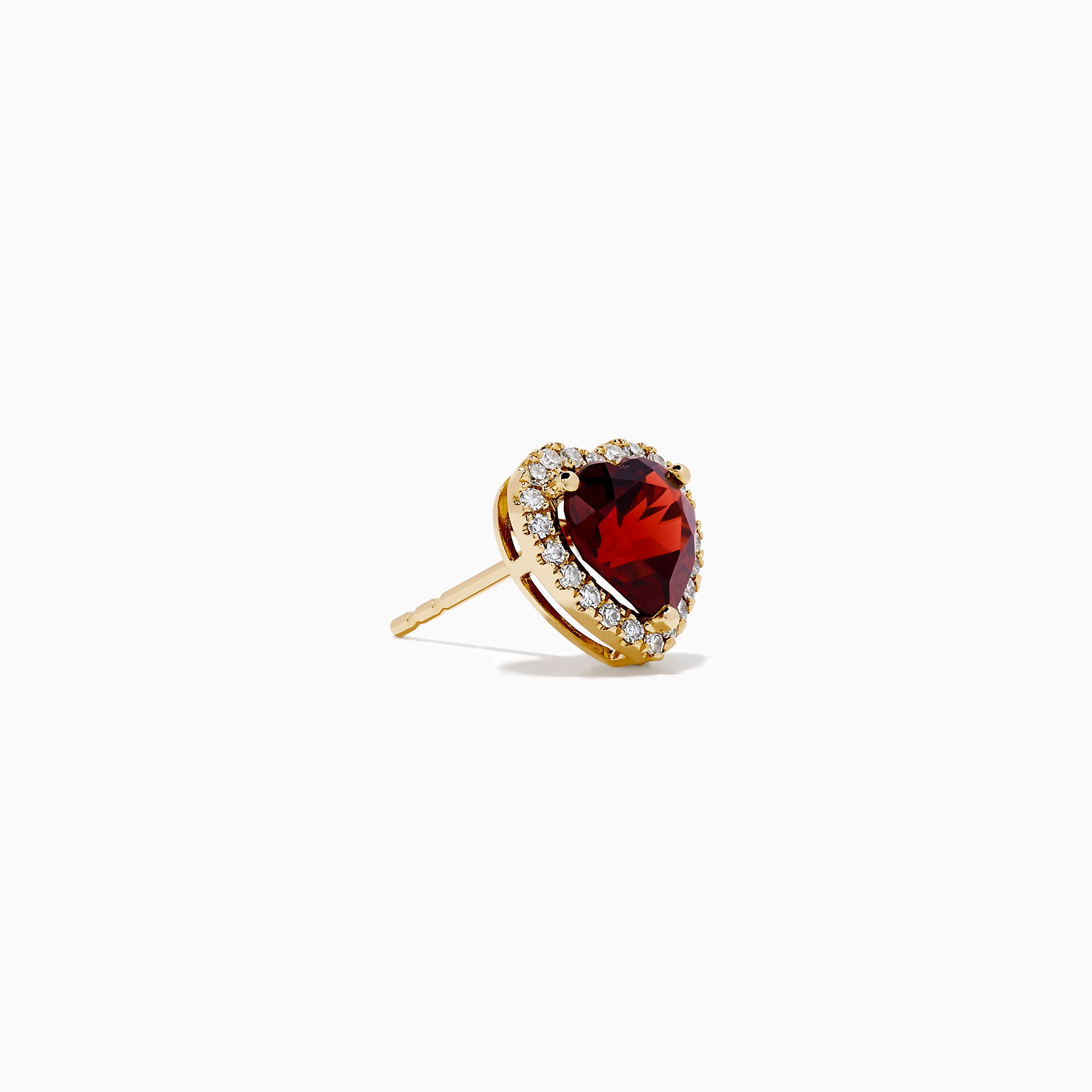 The 14K Yellow Gold Garnet and Diamond Halo Heart Stud Earrings feature deep red heart-shaped garnets at the center, each surrounded by a sparkling diamond halo, all set in yellow gold.