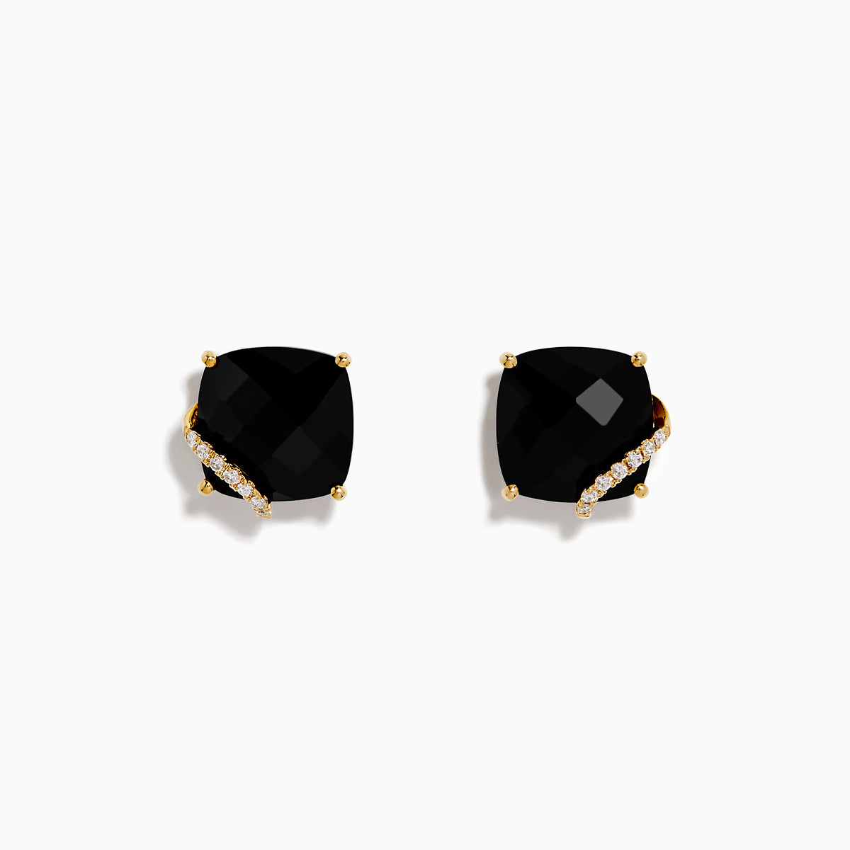 14K Yellow Gold Onyx and Diamond Cushion-Cut Stud Earrings