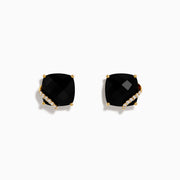 14K Yellow Gold Onyx and Diamond Cushion-Cut Stud Earrings
