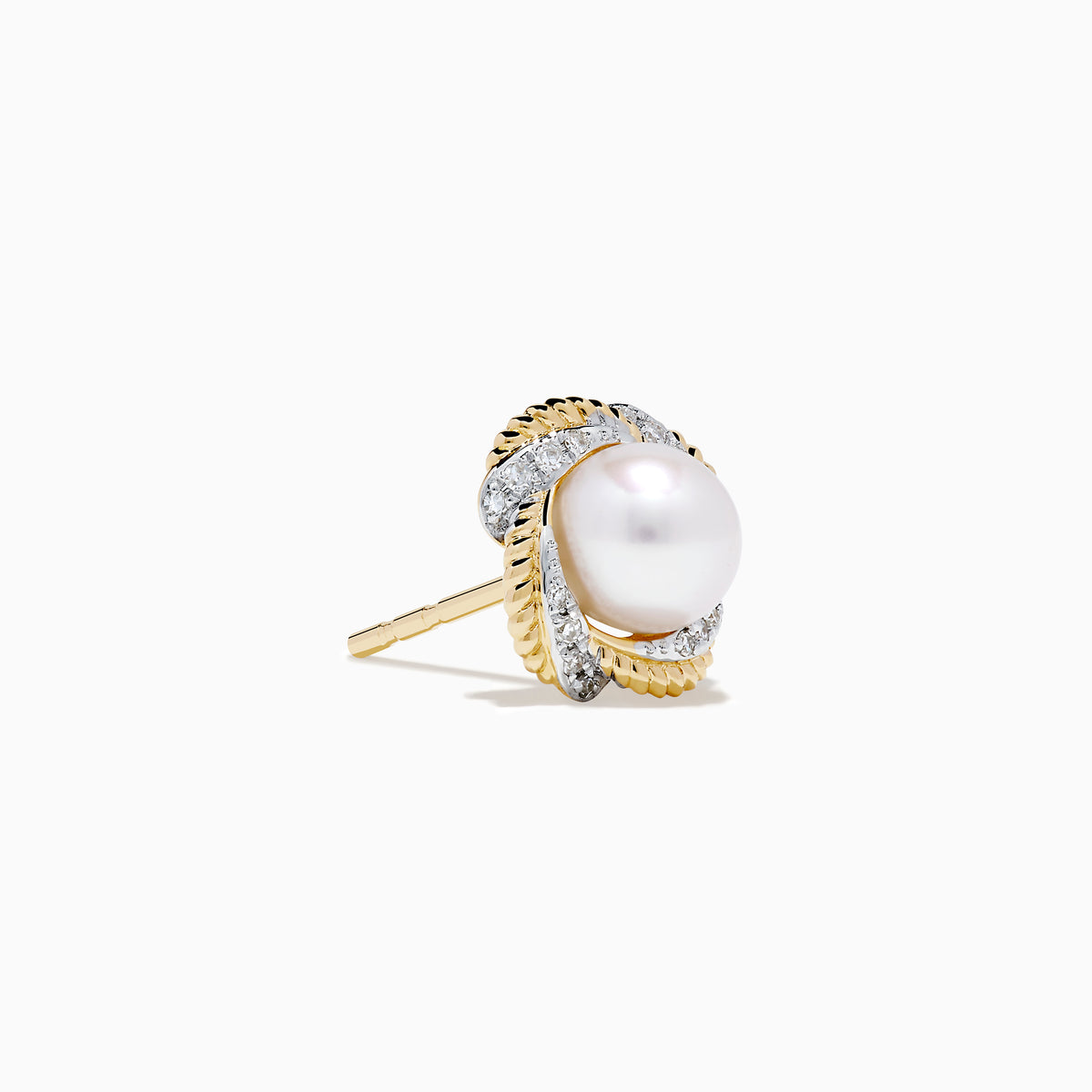 A pair of 14K yellow gold scalloped edge stud earrings featuring a central freshwater pearl, accented with diamonds, set against a white background.