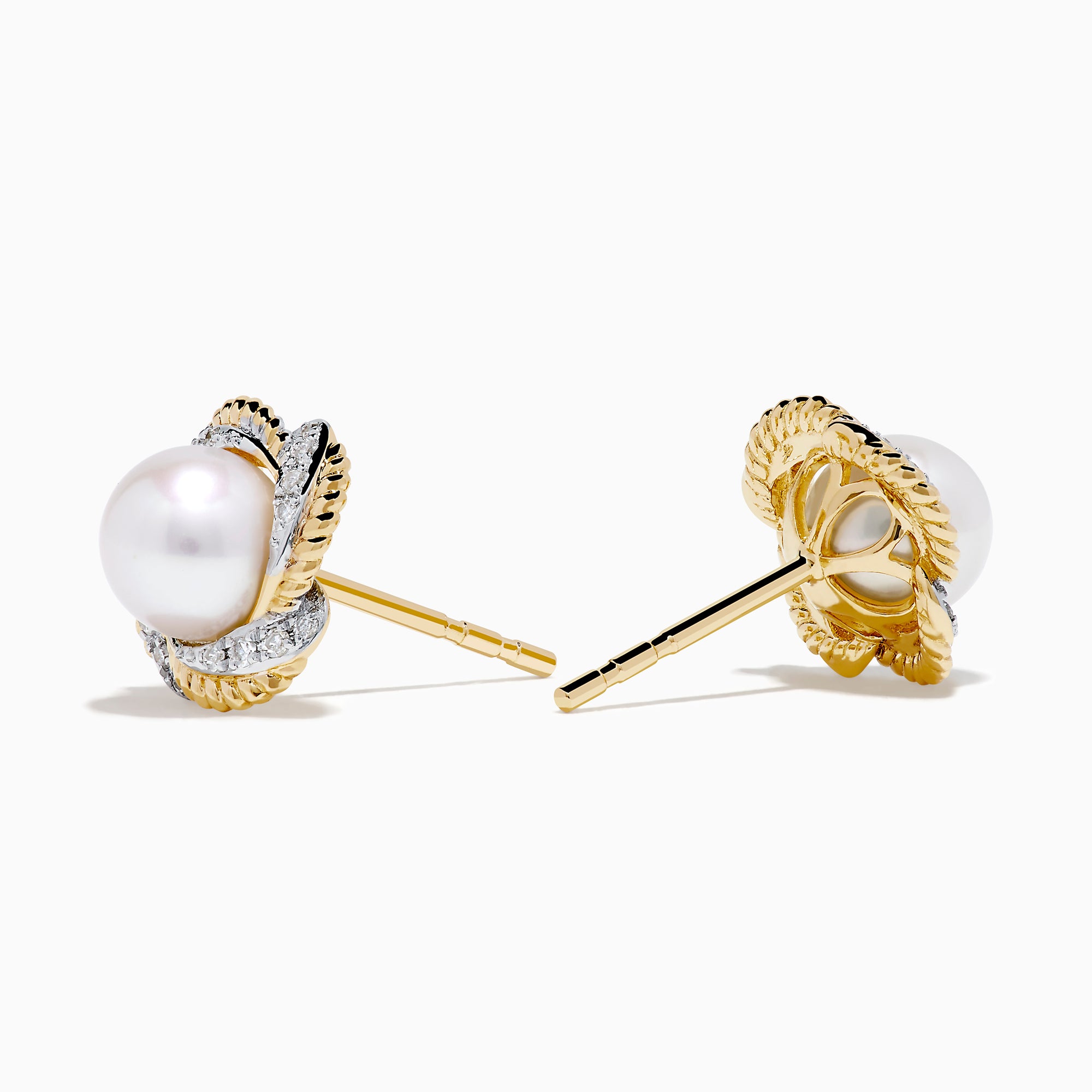 A pair of 14K yellow gold scalloped edge stud earrings featuring a central freshwater pearl, accented with diamonds, set against a white background.