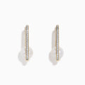 The 14K Yellow Gold Fresh Water Pearl and Diamond Square Hoop Earrings feature a row of sparkling diamonds and a round white freshwater pearl at the base, shown on a plain white background.