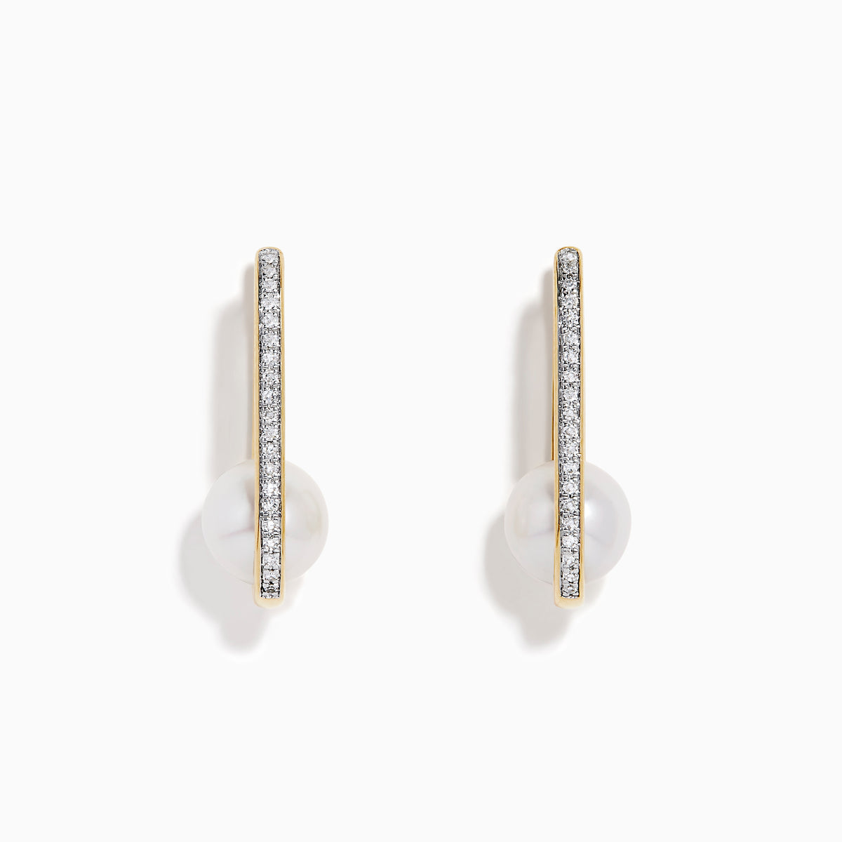 The 14K Yellow Gold Fresh Water Pearl and Diamond Square Hoop Earrings feature a row of sparkling diamonds and a round white freshwater pearl at the base, shown on a plain white background.