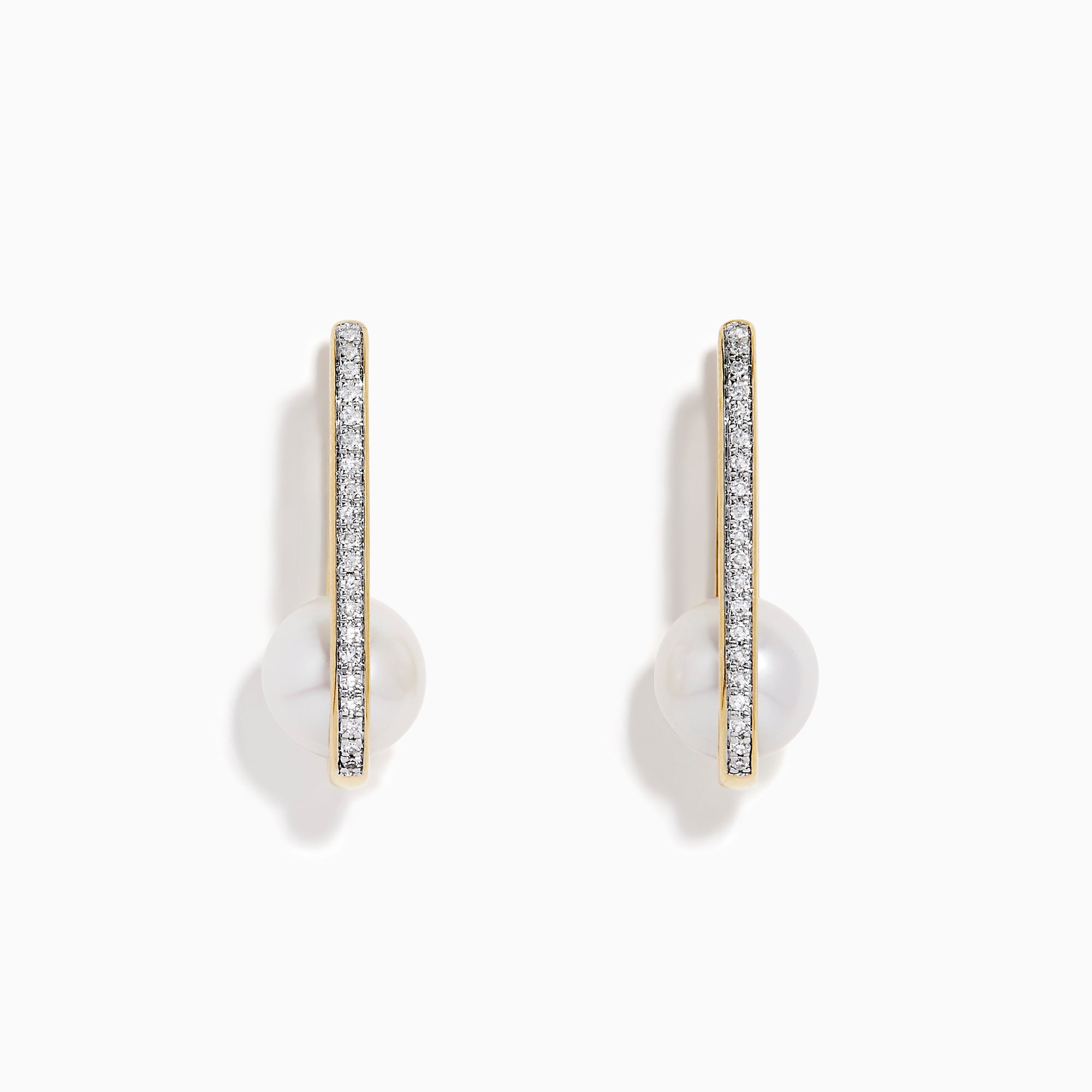 The 14K Yellow Gold Fresh Water Pearl and Diamond Square Hoop Earrings feature a row of sparkling diamonds and a round white freshwater pearl at the base, shown on a plain white background.