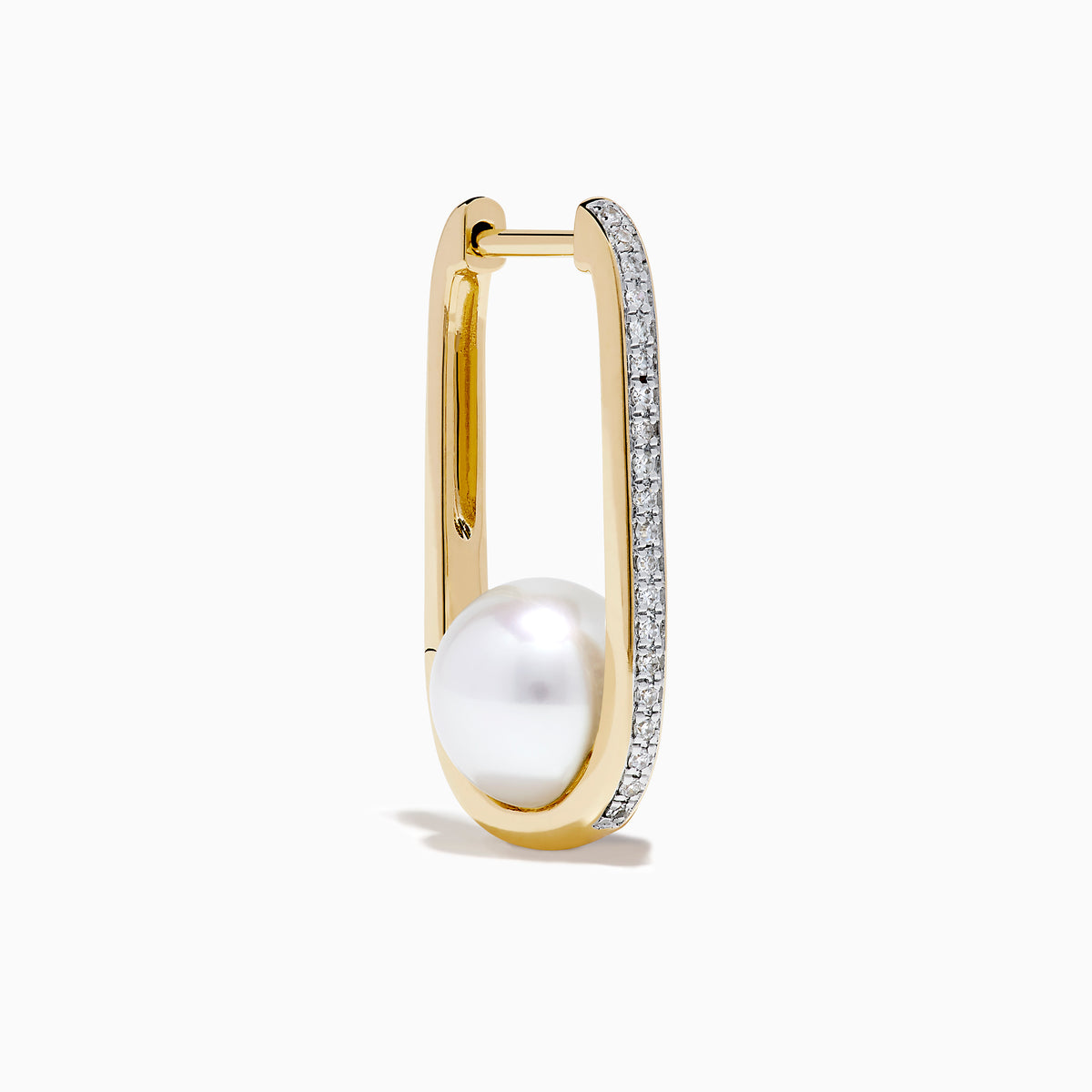 The 14K Yellow Gold Fresh Water Pearl and Diamond Square Hoop Earrings feature a row of sparkling diamonds and a round white freshwater pearl at the base, shown on a plain white background.