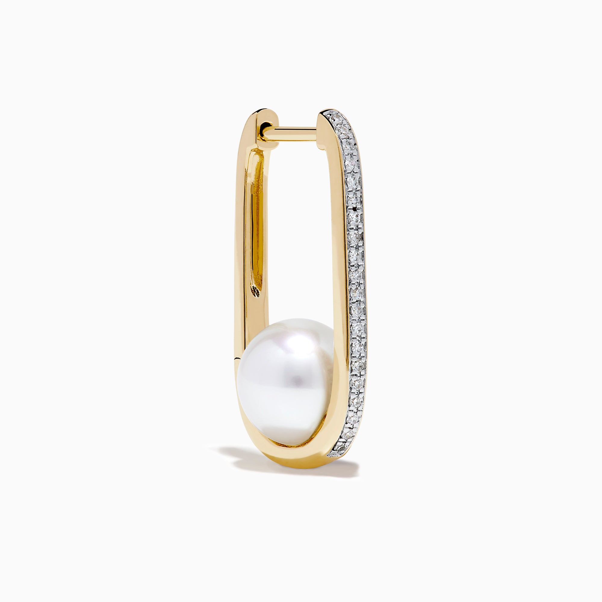 The 14K Yellow Gold Fresh Water Pearl and Diamond Square Hoop Earrings feature a row of sparkling diamonds and a round white freshwater pearl at the base, shown on a plain white background.