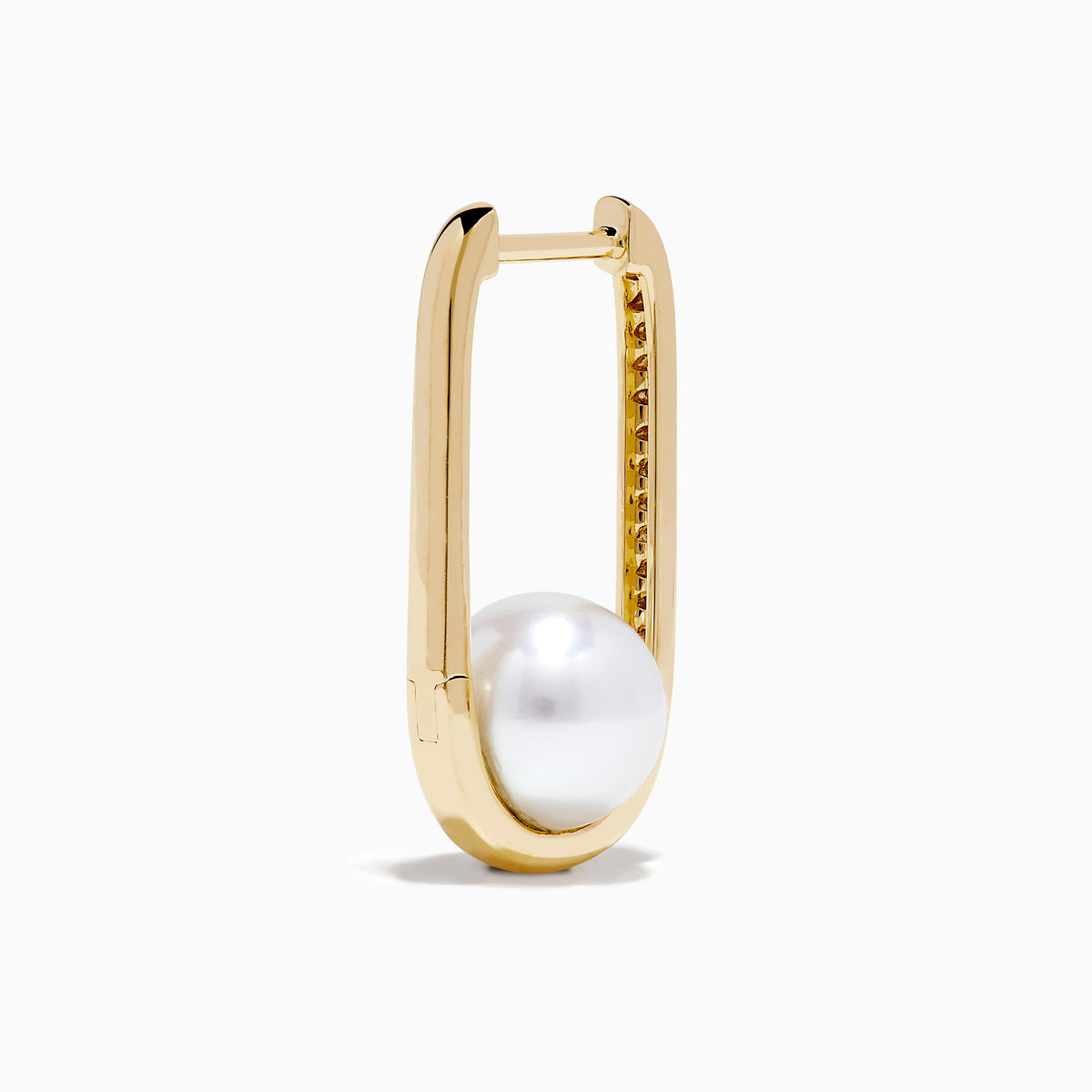 The 14K Yellow Gold Fresh Water Pearl and Diamond Square Hoop Earrings feature a row of sparkling diamonds and a round white freshwater pearl at the base, shown on a plain white background.