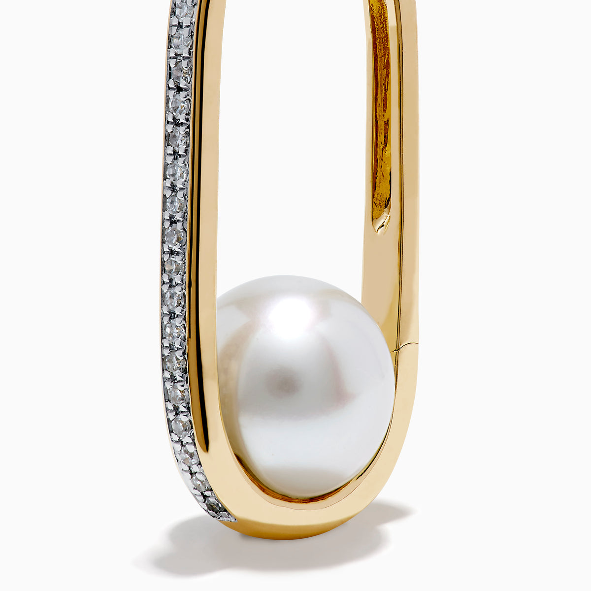 The 14K Yellow Gold Fresh Water Pearl and Diamond Square Hoop Earrings feature a row of sparkling diamonds and a round white freshwater pearl at the base, shown on a plain white background.