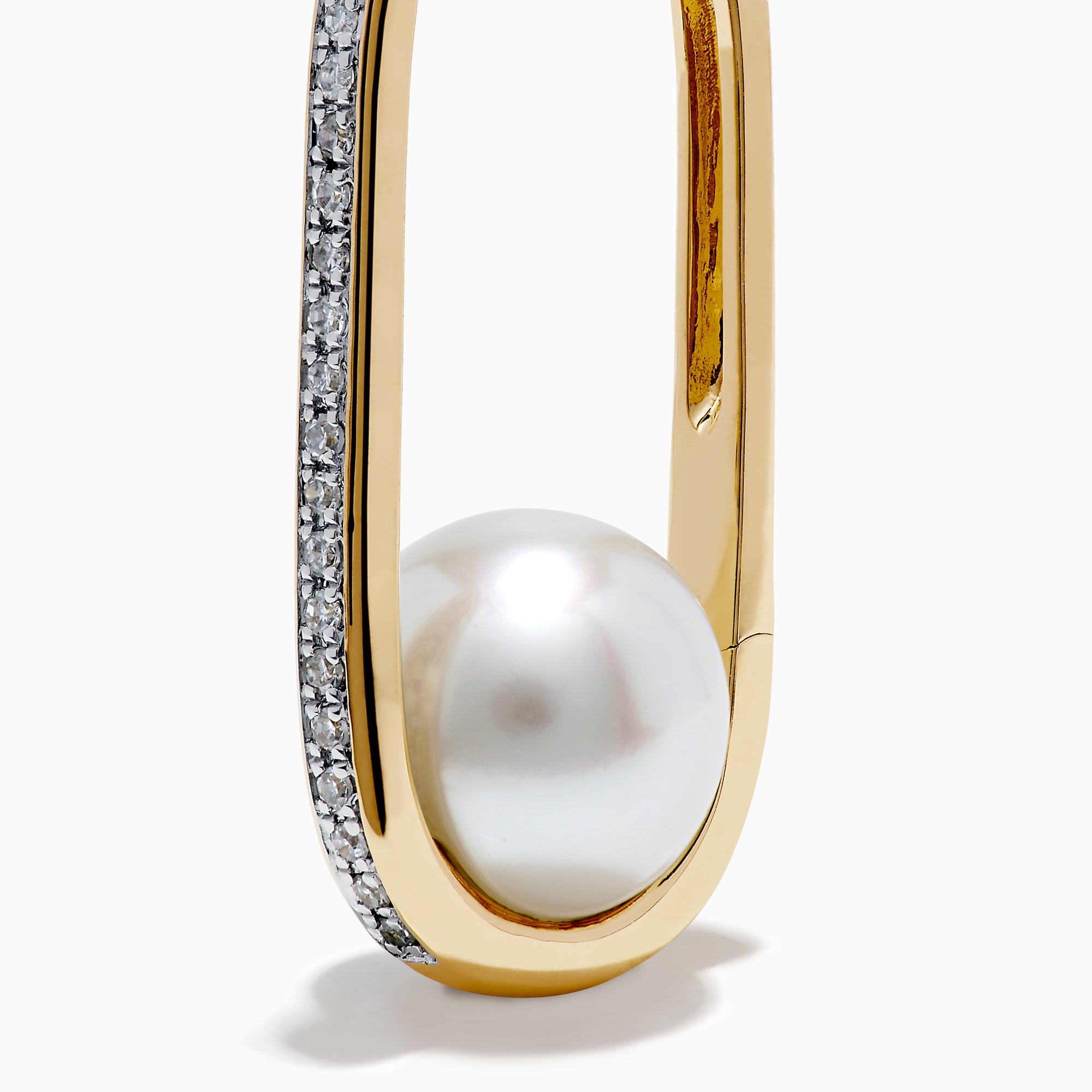 The 14K Yellow Gold Fresh Water Pearl and Diamond Square Hoop Earrings feature a row of sparkling diamonds and a round white freshwater pearl at the base, shown on a plain white background.