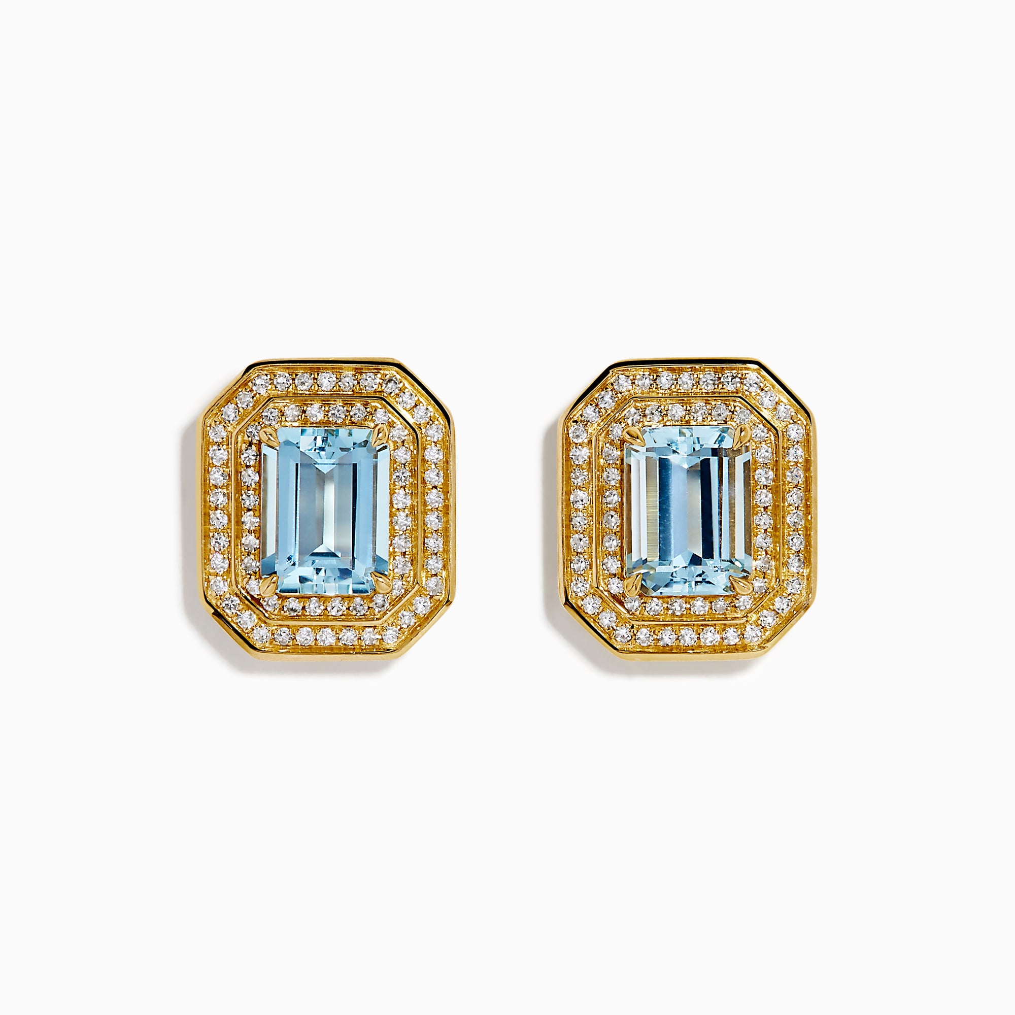 The 14K Yellow Gold Aquamarine and Diamond Double Halo Earrings feature emerald-cut light blue gemstones framed by rectangular diamond double halos.