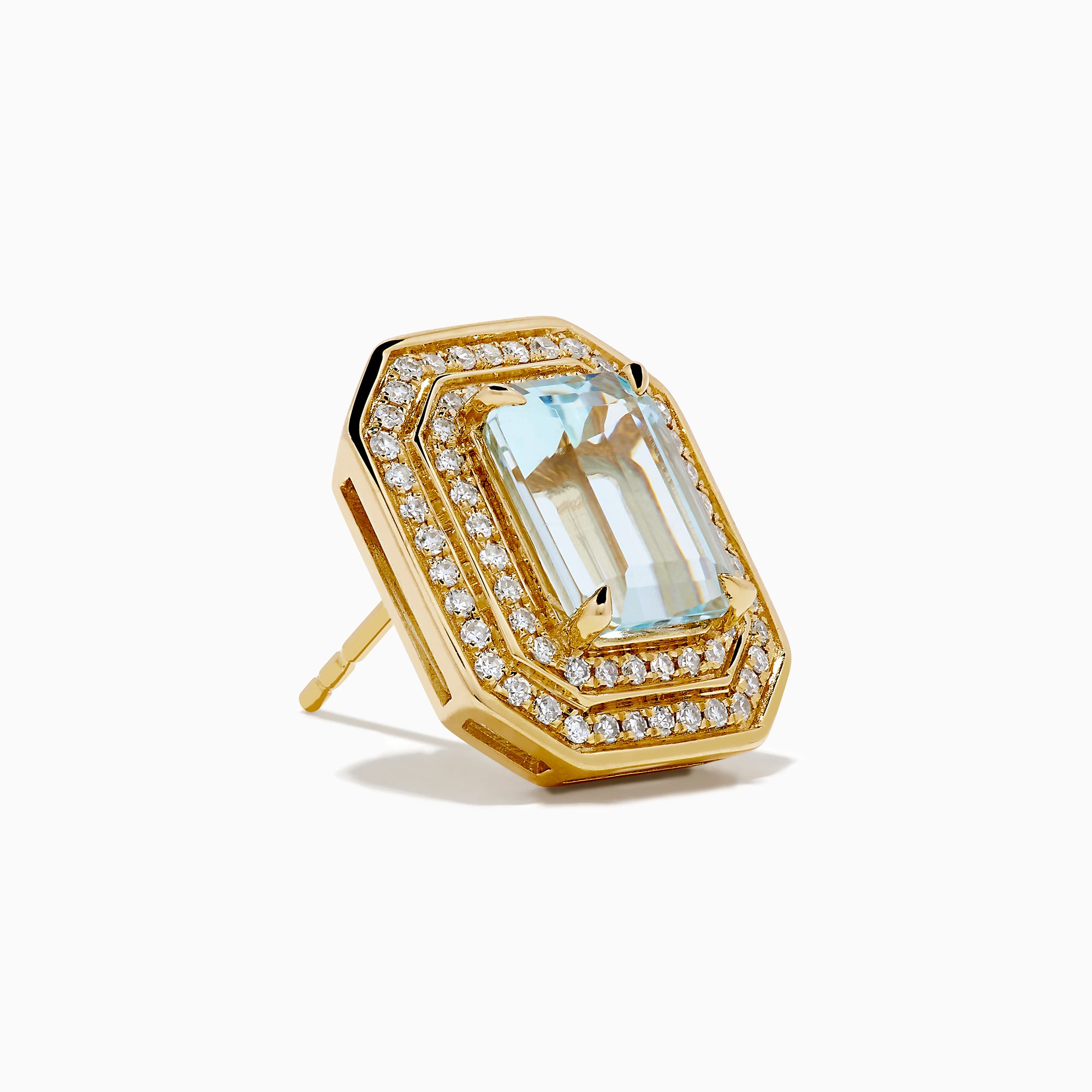 The 14K Yellow Gold Aquamarine and Diamond Double Halo Earrings feature emerald-cut light blue gemstones framed by rectangular diamond double halos.