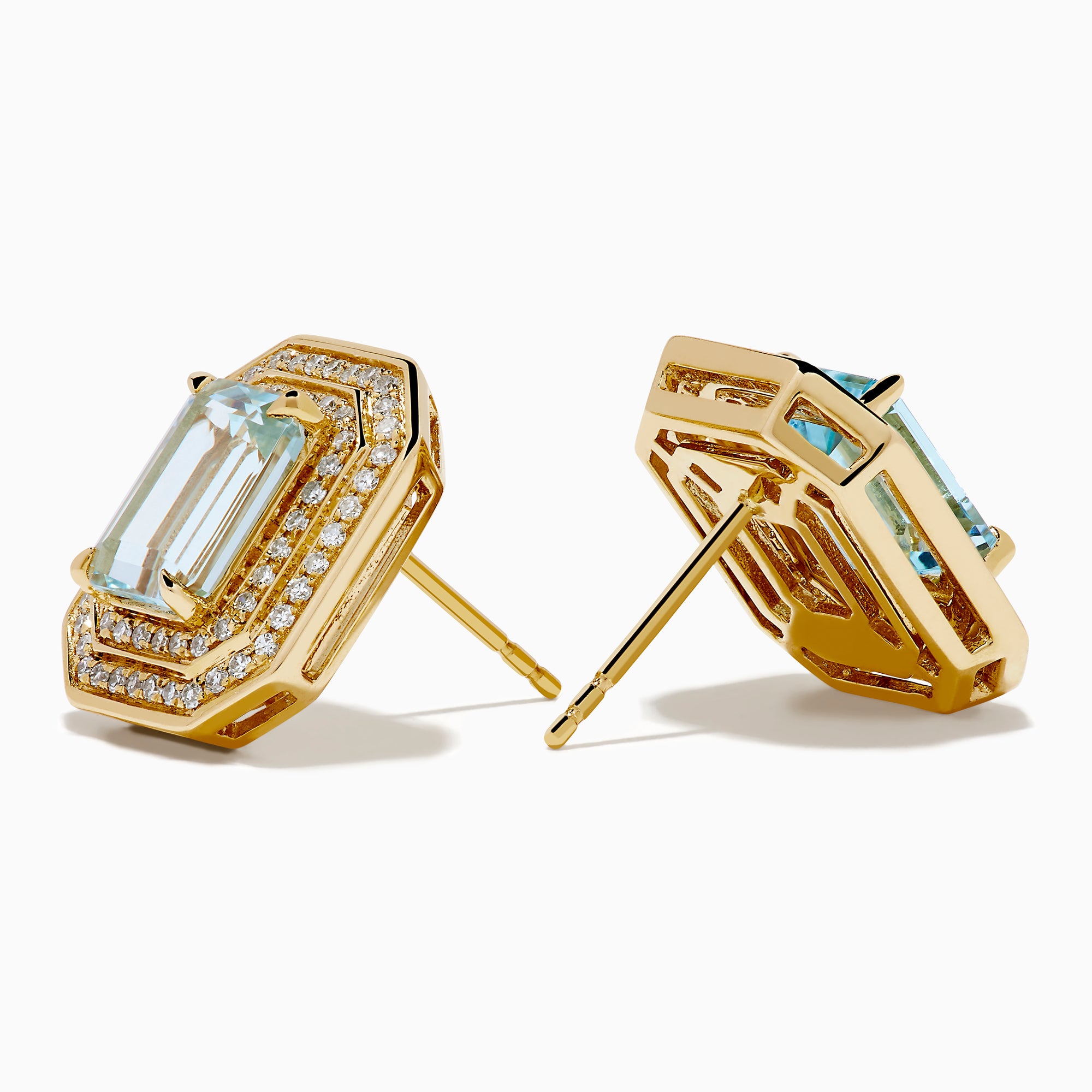 The 14K Yellow Gold Aquamarine and Diamond Double Halo Earrings feature emerald-cut light blue gemstones framed by rectangular diamond double halos.