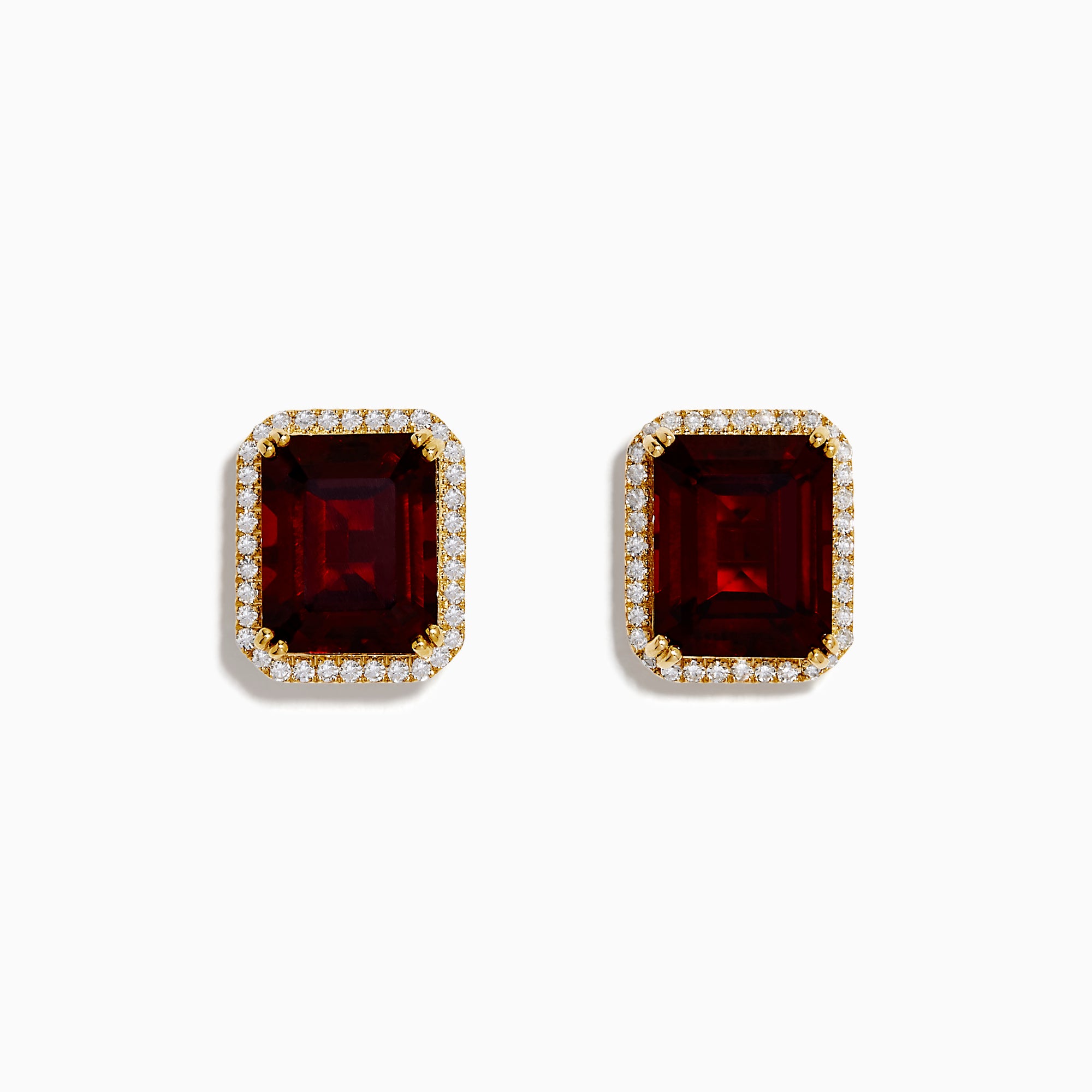 14K Yellow Gold Garnet and Diamond Emerald-Cut Halo Stud Earrings