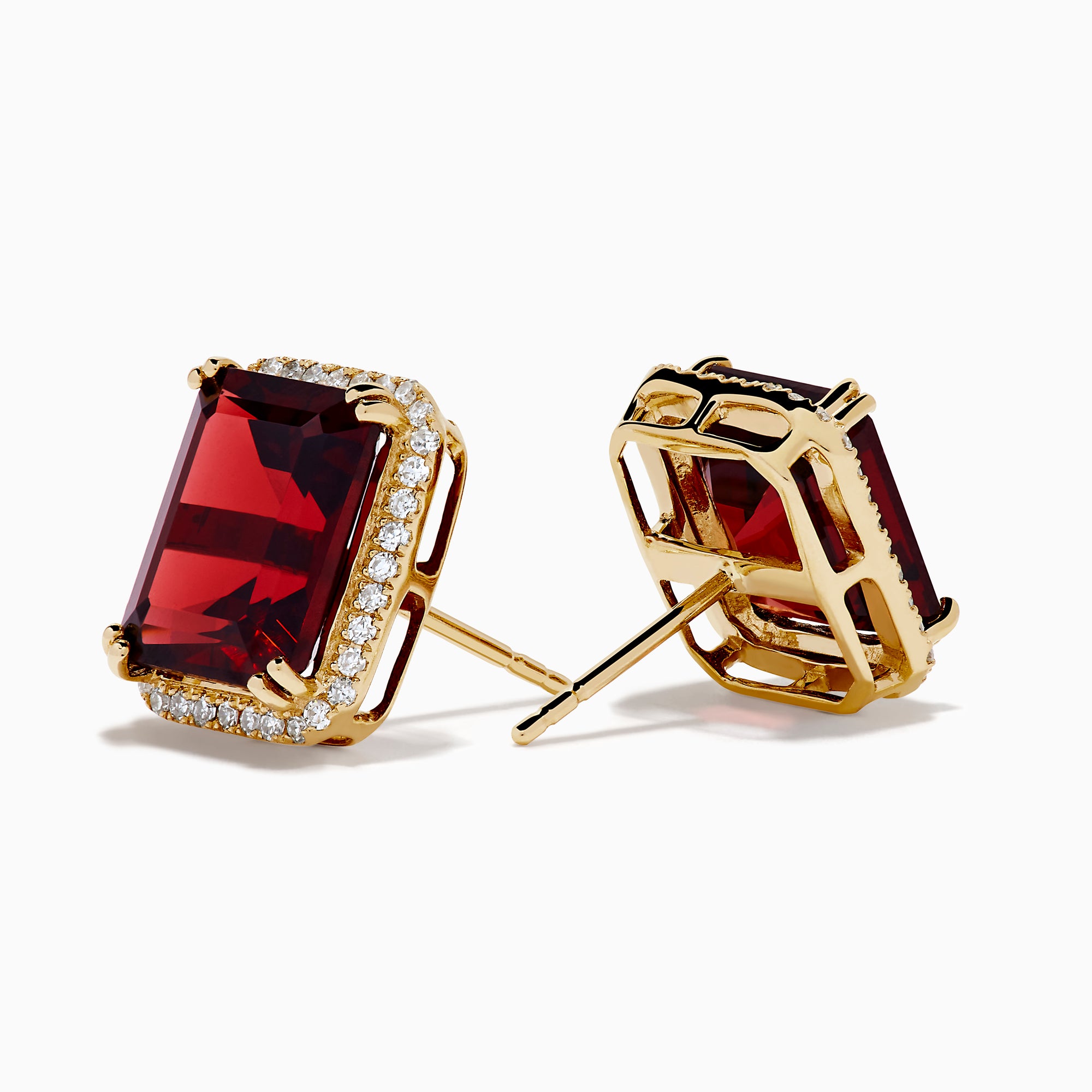 14K Yellow Gold Garnet and Diamond Emerald-Cut Halo Stud Earrings