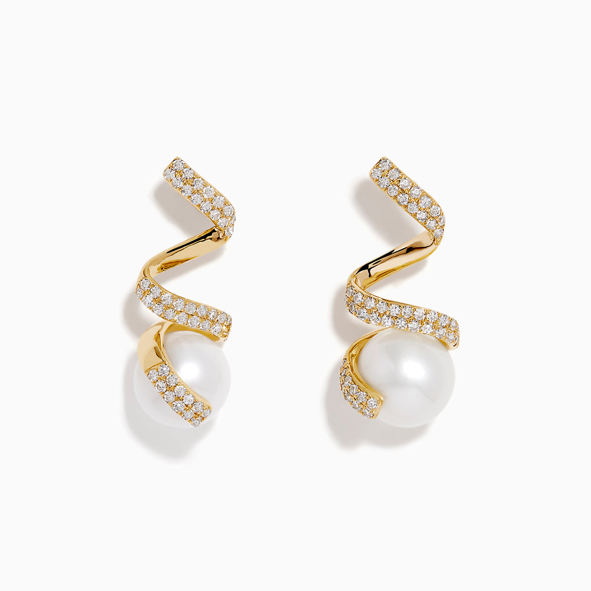 The 14K Yellow Gold Fresh Water Pearl and Diamond Ribbon Earrings feature a spiral gold design encrusted with small diamonds, elegantly encircling a large freshwater pearl, all showcased on a plain white background.