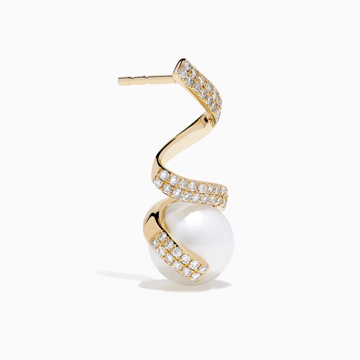 The 14K Yellow Gold Fresh Water Pearl and Diamond Ribbon Earrings feature a spiral gold design encrusted with small diamonds, elegantly encircling a large freshwater pearl, all showcased on a plain white background.