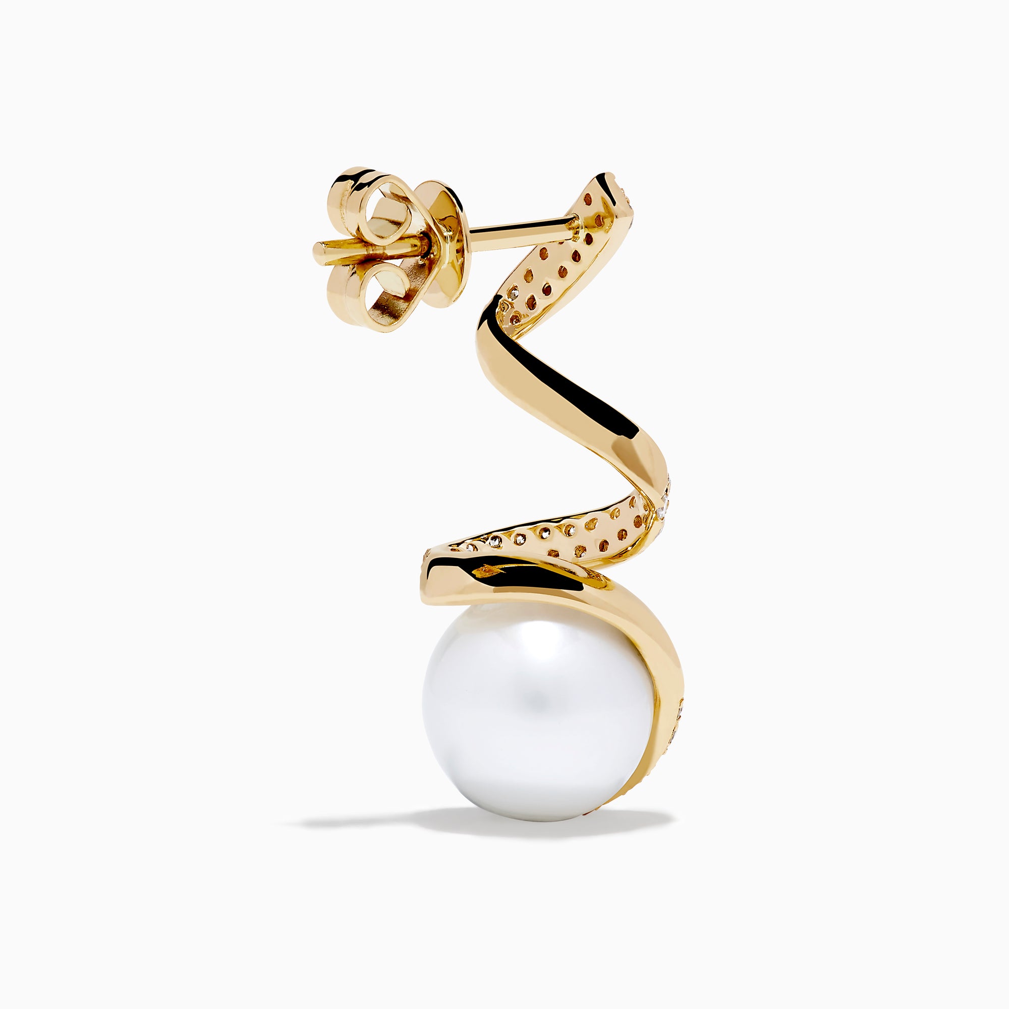 The 14K Yellow Gold Fresh Water Pearl and Diamond Ribbon Earrings feature a spiral gold design encrusted with small diamonds, elegantly encircling a large freshwater pearl, all showcased on a plain white background.