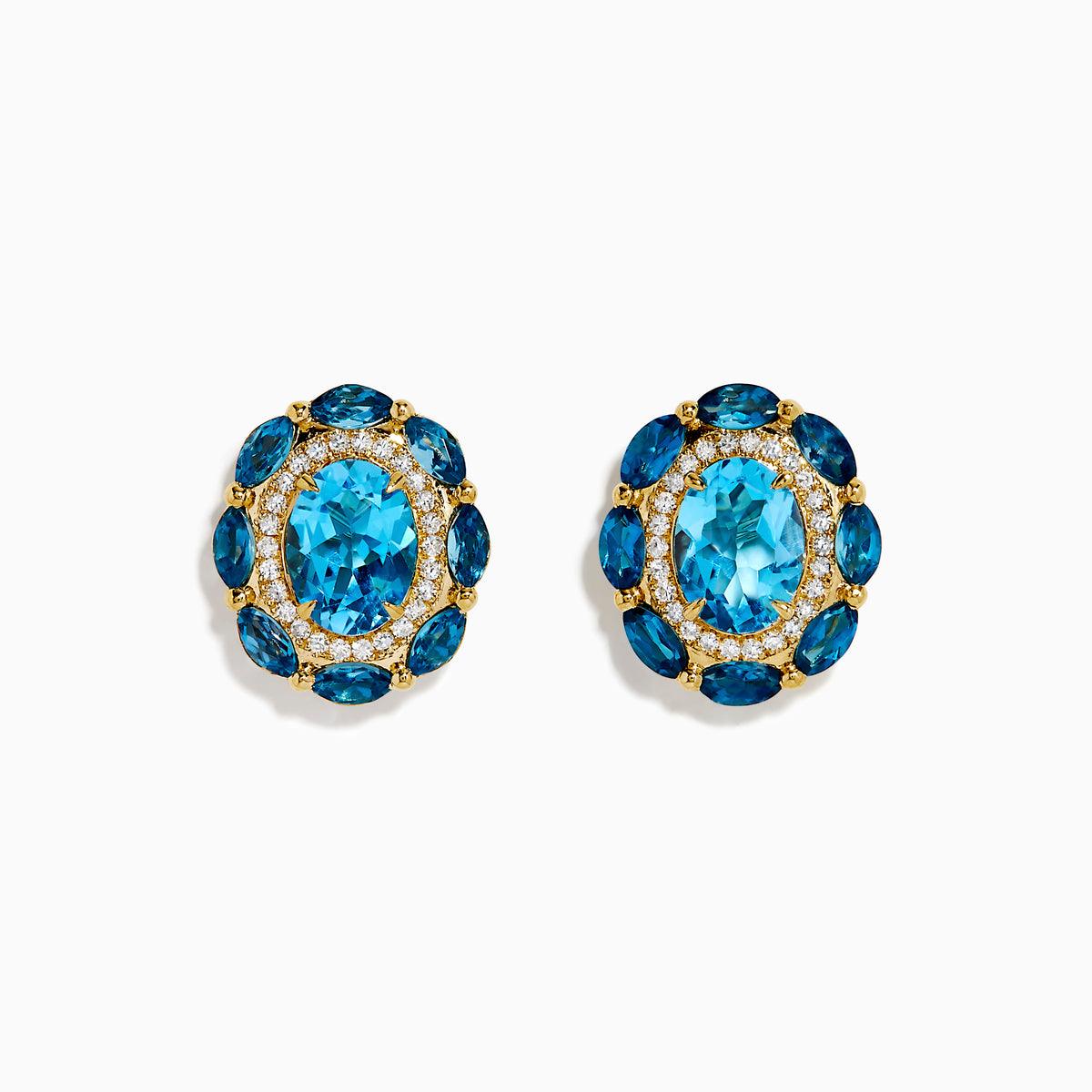 The Ocean Bleu 14K Yellow Gold Blue Topaz and Diamond Earrings showcase an oval blue topaz center, accented by smaller blue stones and sparkling diamonds, set in yellow gold and presented against a white background.