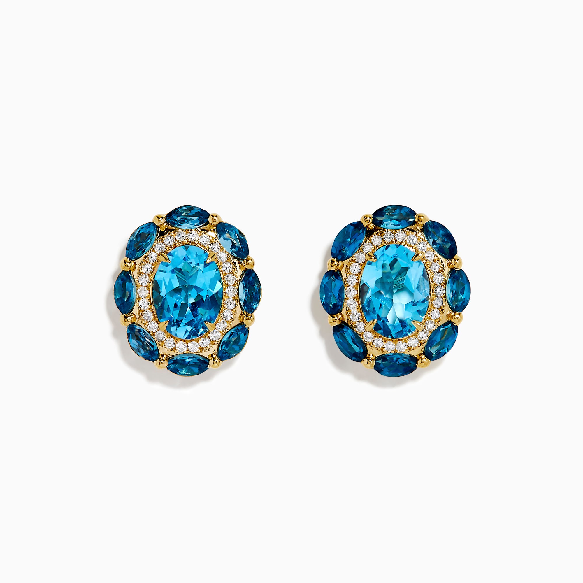 The Ocean Bleu 14K Yellow Gold Blue Topaz and Diamond Earrings showcase an oval blue topaz center, accented by smaller blue stones and sparkling diamonds, set in yellow gold and presented against a white background.
