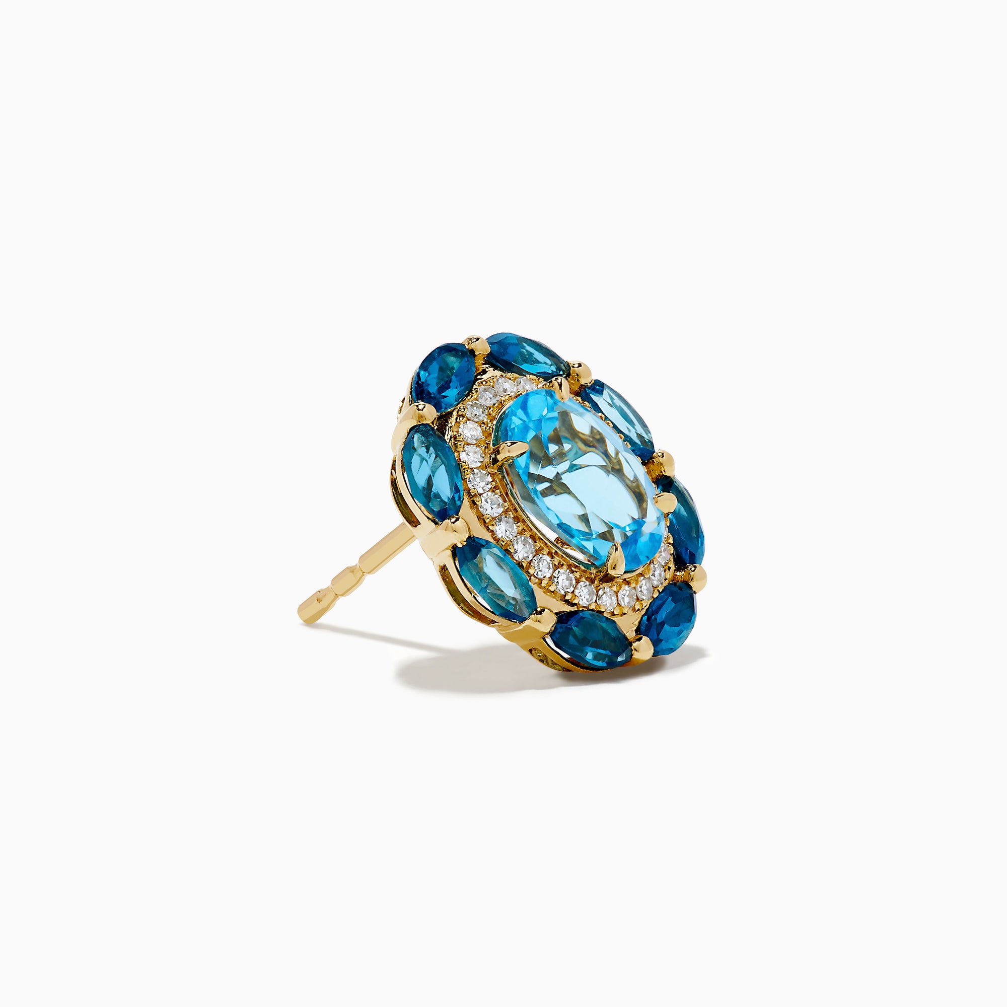 The Ocean Bleu 14K Yellow Gold Blue Topaz and Diamond Earrings showcase an oval blue topaz center, accented by smaller blue stones and sparkling diamonds, set in yellow gold and presented against a white background.